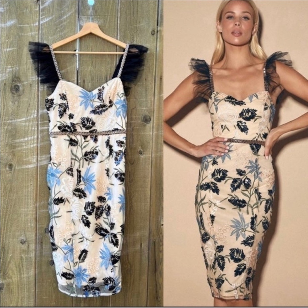 Cream Showstopper Embroidered Sequin Bodycon Midi Dress 🌿